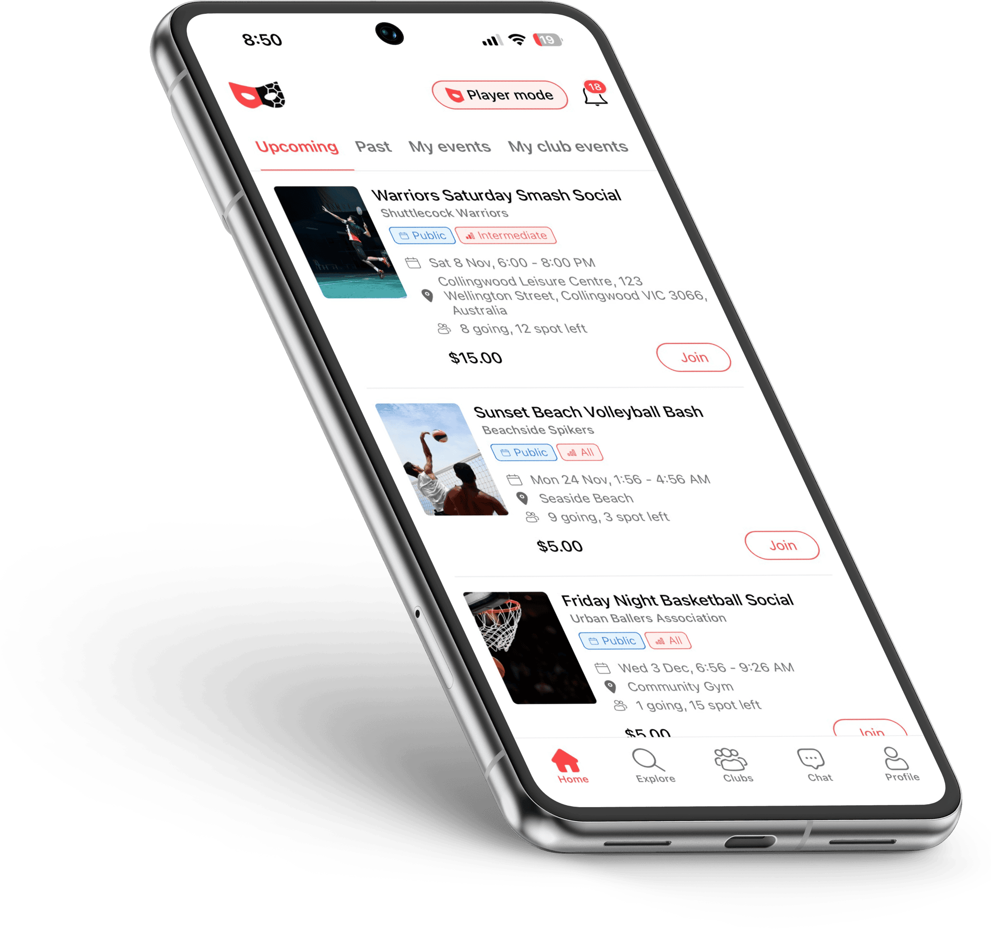 Harley app interface showing game browsing for players