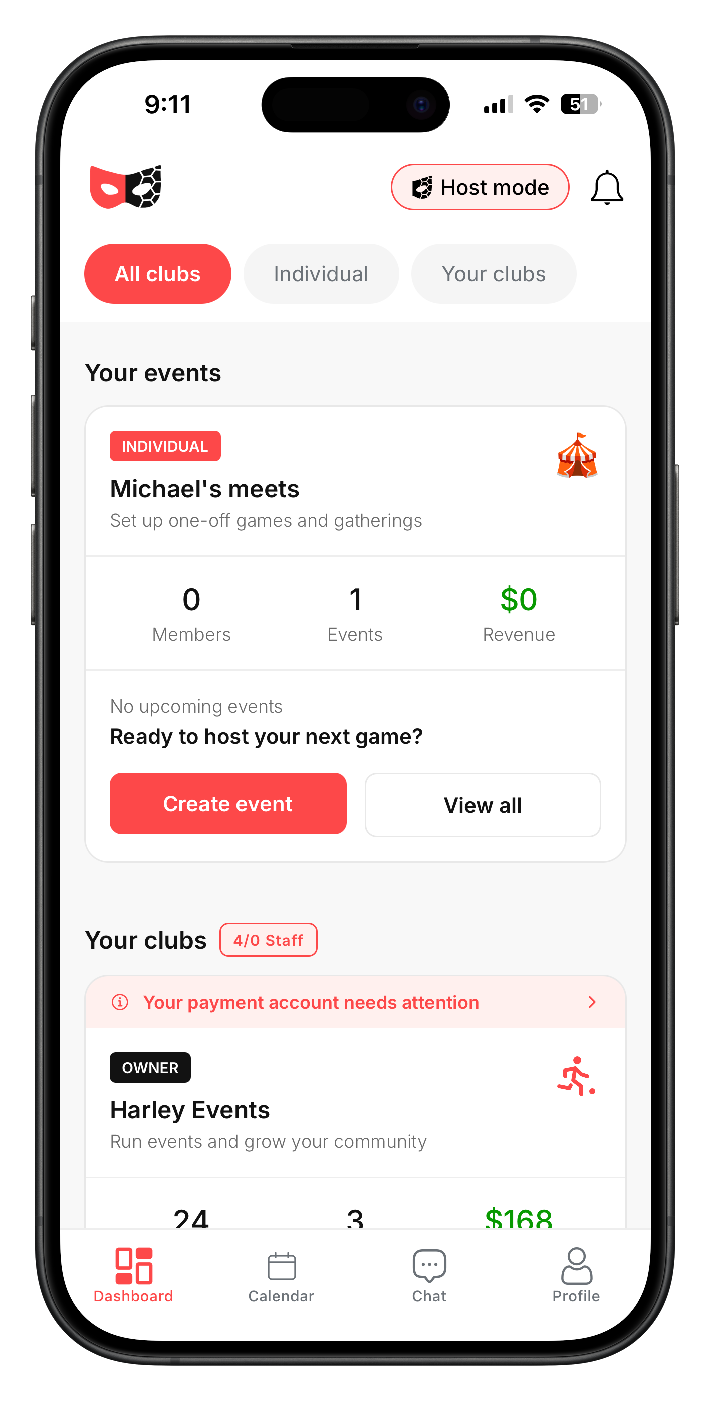 Harley host dashboard showing session management